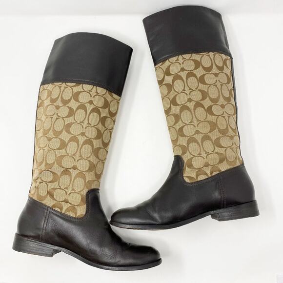 Coach Brown/Tan Chrissi Leather & Logo Print Riding Boots Women's Sz 7.5 Pull On - Picture 6 of 10